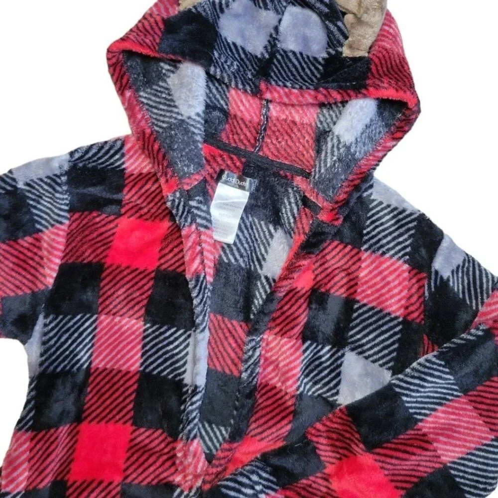 Boys M 8/10 Cuddl Duds Moose/Deer black/red Checkered Plaid Winter Hooded Robe